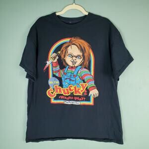 Chucky Black Wanna Play Crew Neck Graphic Short Sleeve Tee Size XL